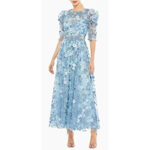Mac Duggal Sz 12 Blue Floral Embroidered Beaded Formal Midi Dress NWT
